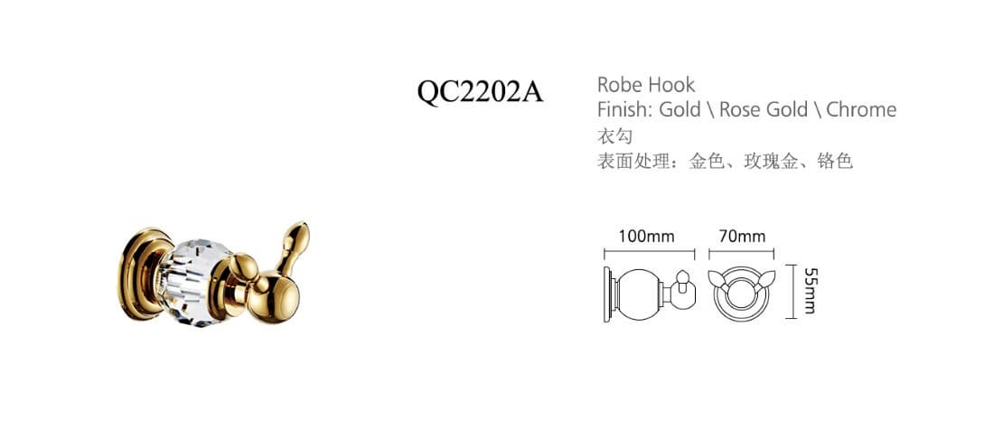 Brass - Crystal Dual Robe Hooks Towel Coat Rack Hanger - PVD Golden